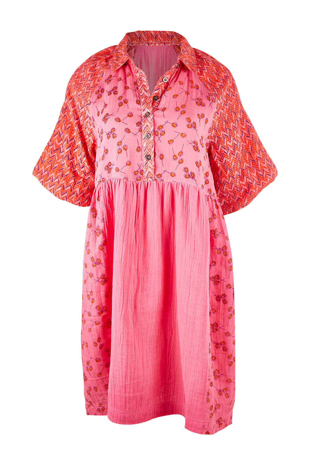 Product shot of the Bubble Sleeve Half Placket Dress in colour Mixedpink (Pink), from the front
