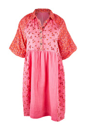 Product shot of the Bubble Sleeve Half Placket Dress in colour Mixedpink (Pink), from the front