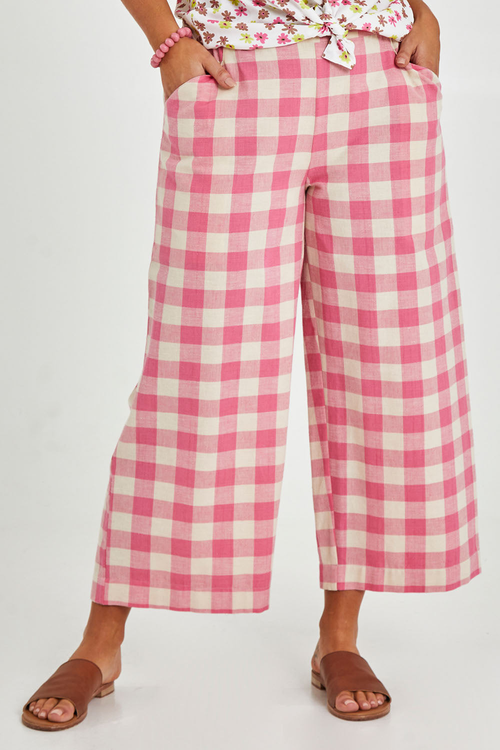 Model Monique wearing size 14 of the Wide Leg Cropped Pant in colour Pinkcheck (Pink), from the front, cropped image