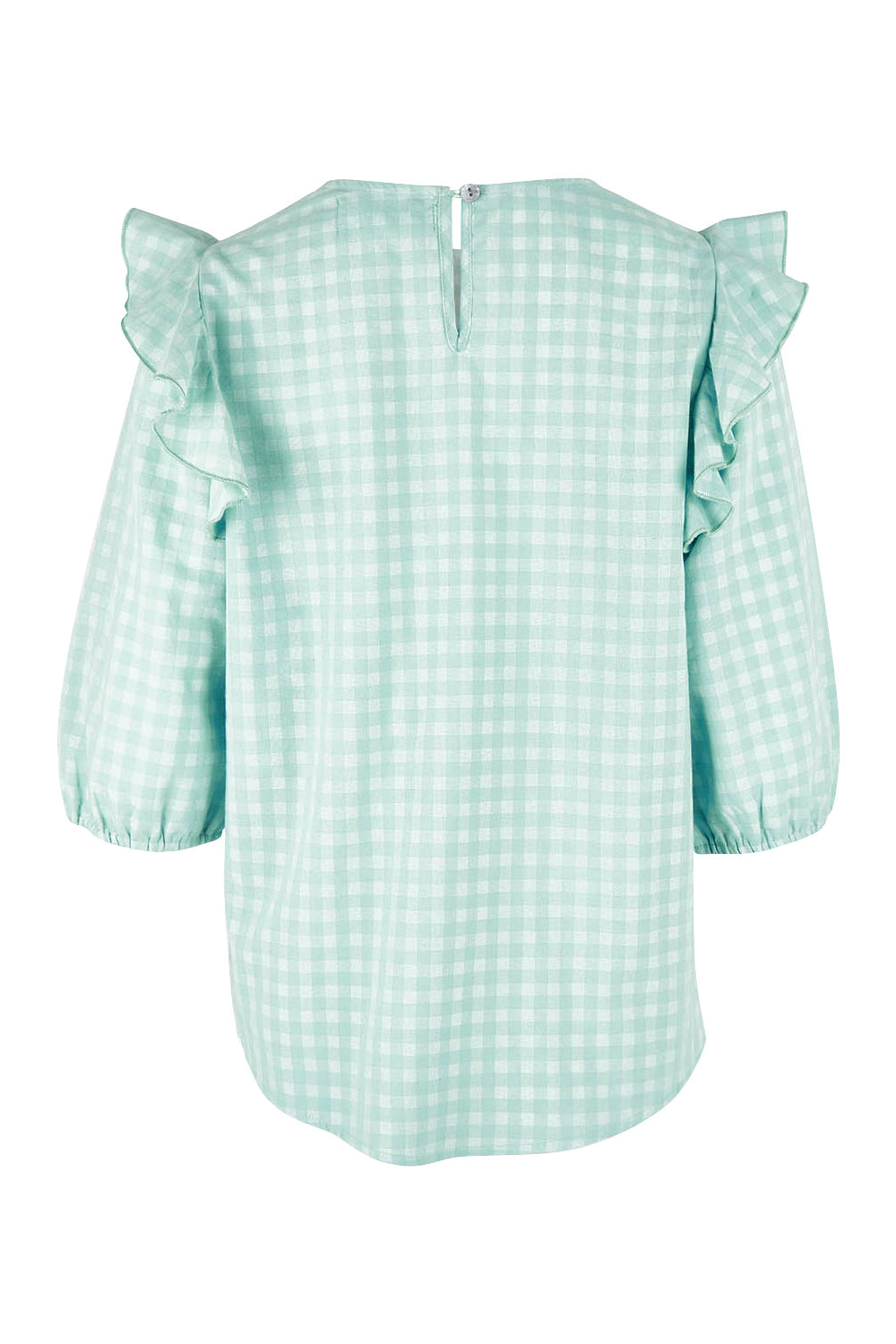 Product shot of the Gingham Poet Top in colour Blugingham (Blue), from the back