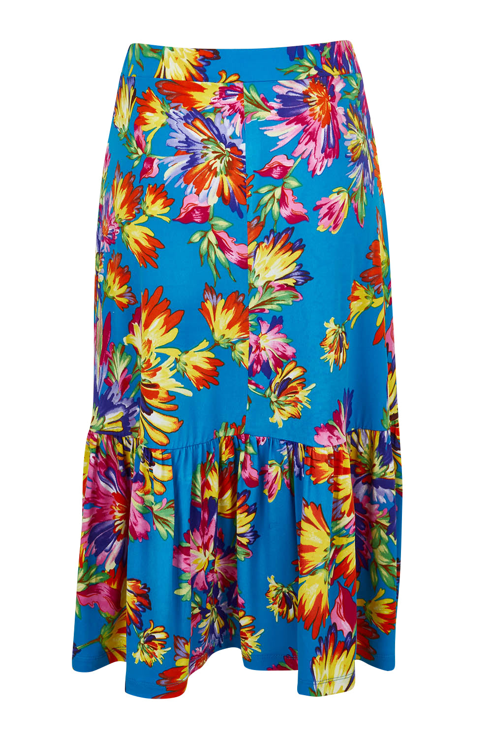 Product shot of the Ruffle Skirt in colour Garden (Blue), from the back