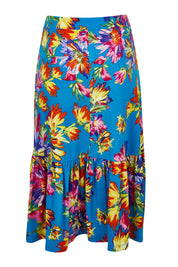 Product shot of the Ruffle Skirt in colour Garden (Blue), from the back
