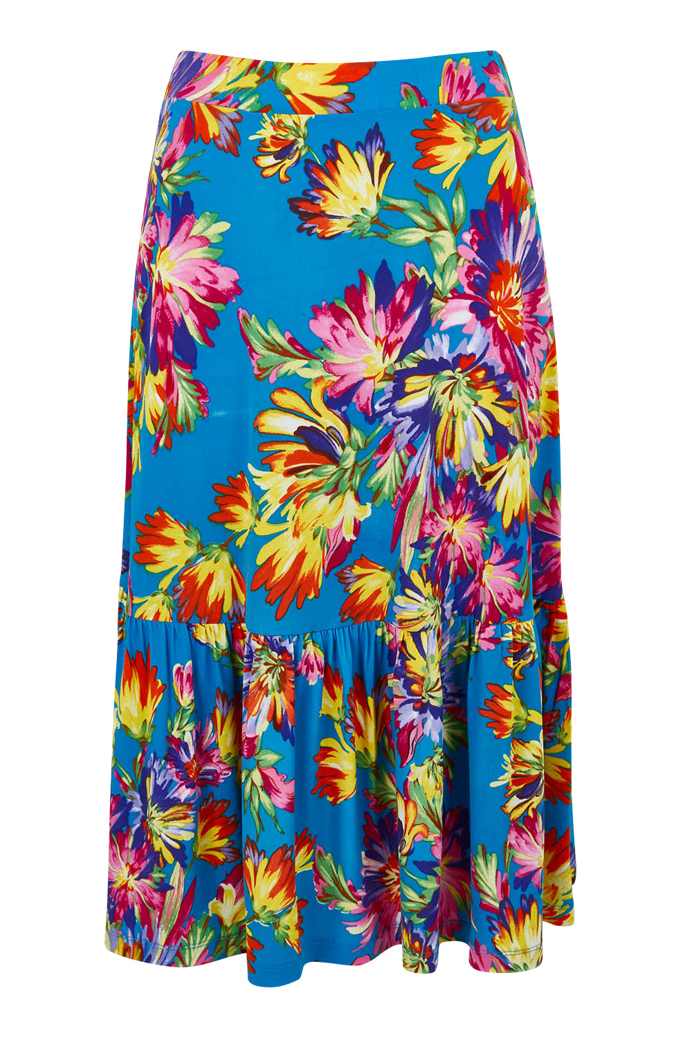 Product shot of the Ruffle Skirt in colour Garden (Blue), from the front