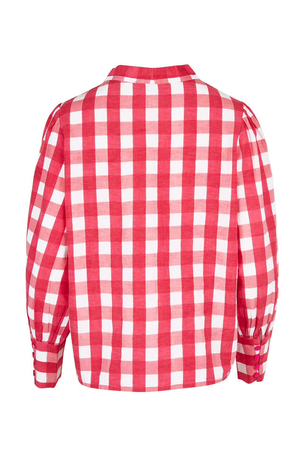 Product shot of the Printed Tie Neck Blouse in colour Berrycheck (Pink), from the back