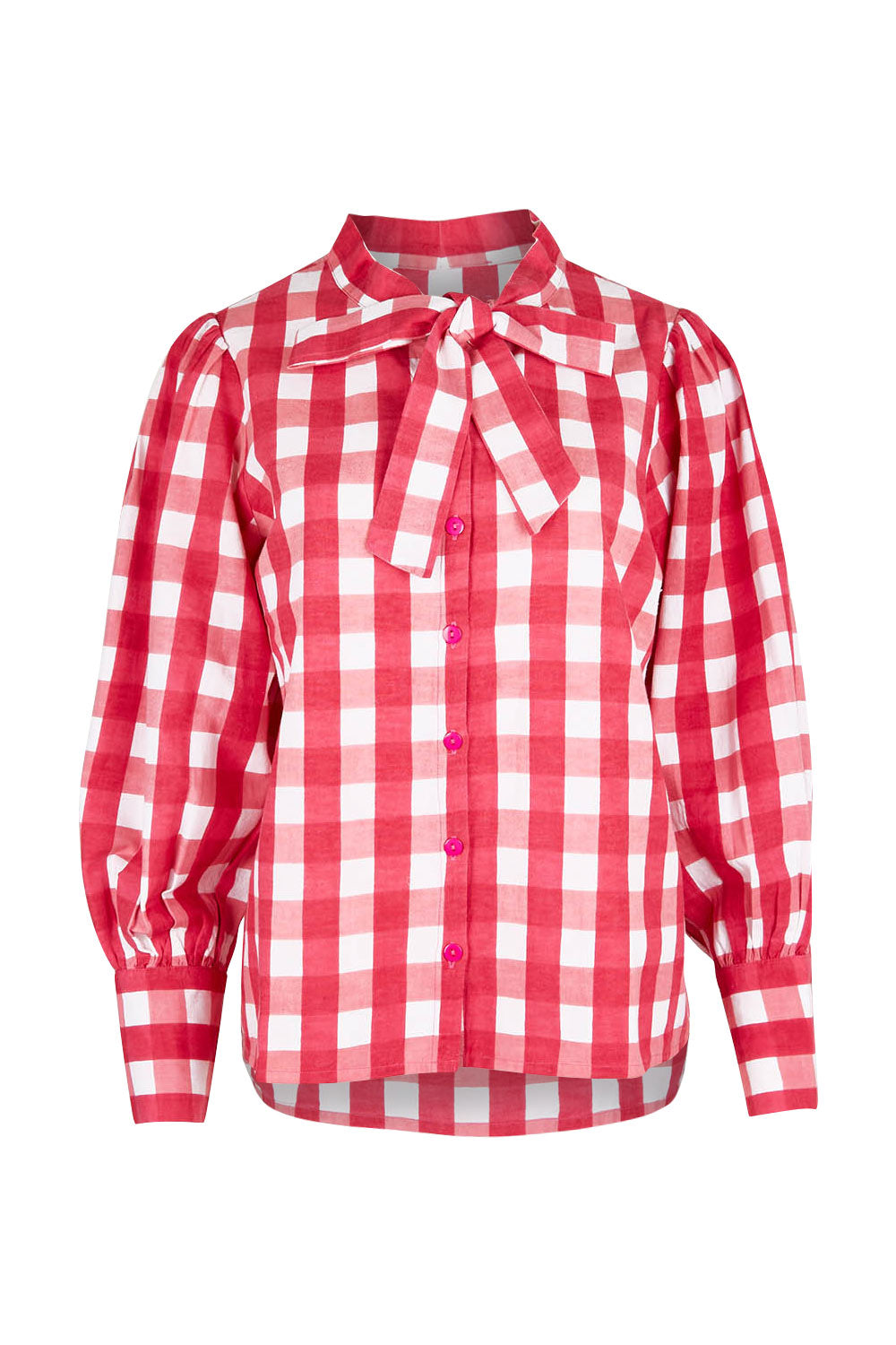 Product shot of the Printed Tie Neck Blouse in colour Berrycheck (Pink), from the front