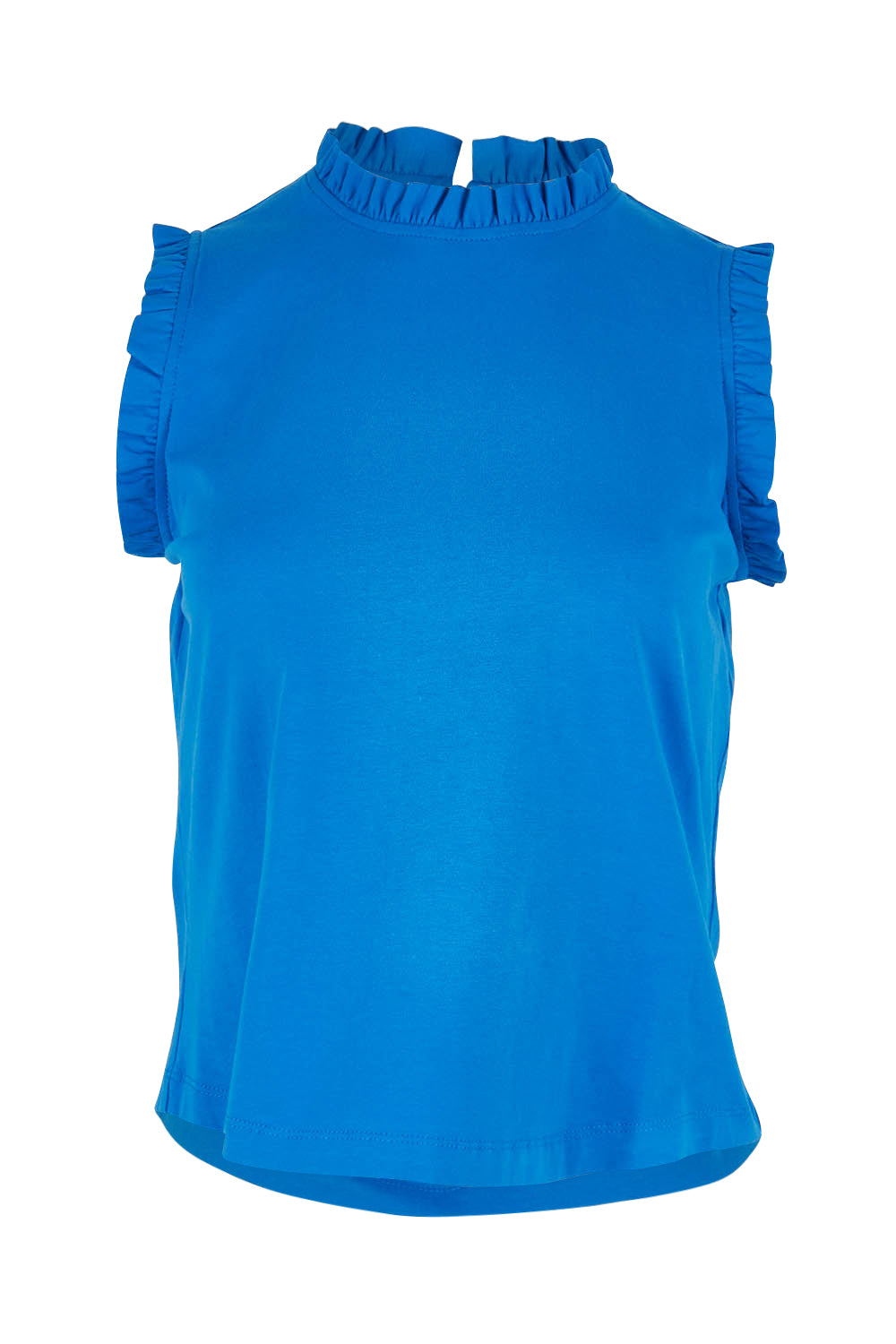 Product shot of the Cotton Frill Tank in colour Blue (Blue), from the front