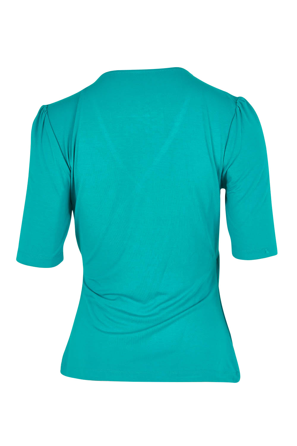 Product shot of the Bamboo Wrap Top in colour Teal (Blue), from the back