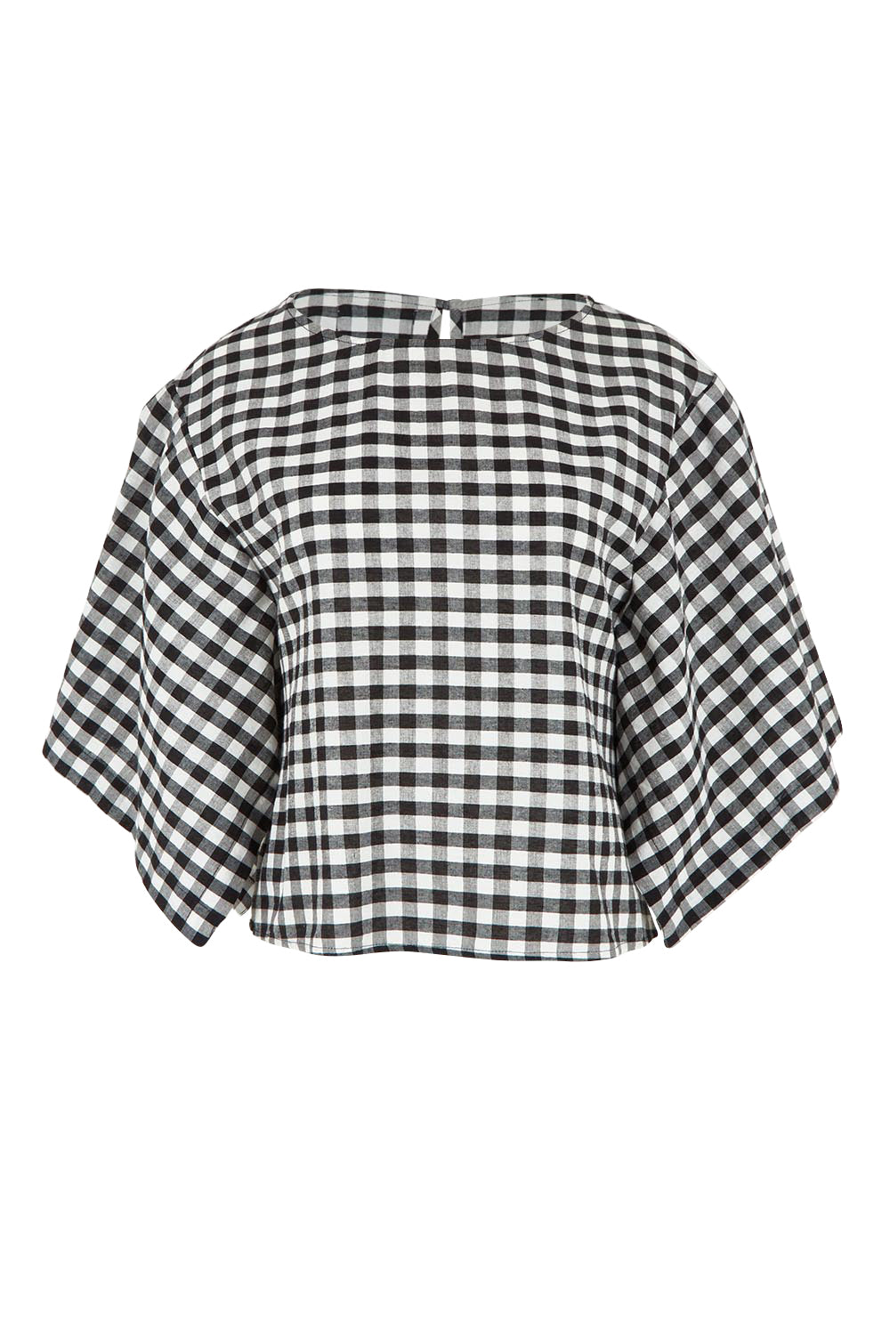 Product shot of the Yarn Dyed Cotton Wide Sleeve Top in colour Gingham (Black), from the front