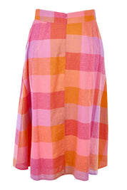 Product shot of the Yarn Dyed Cotton Pleat Front Skirt in colour Sherbet (Pink), from the back