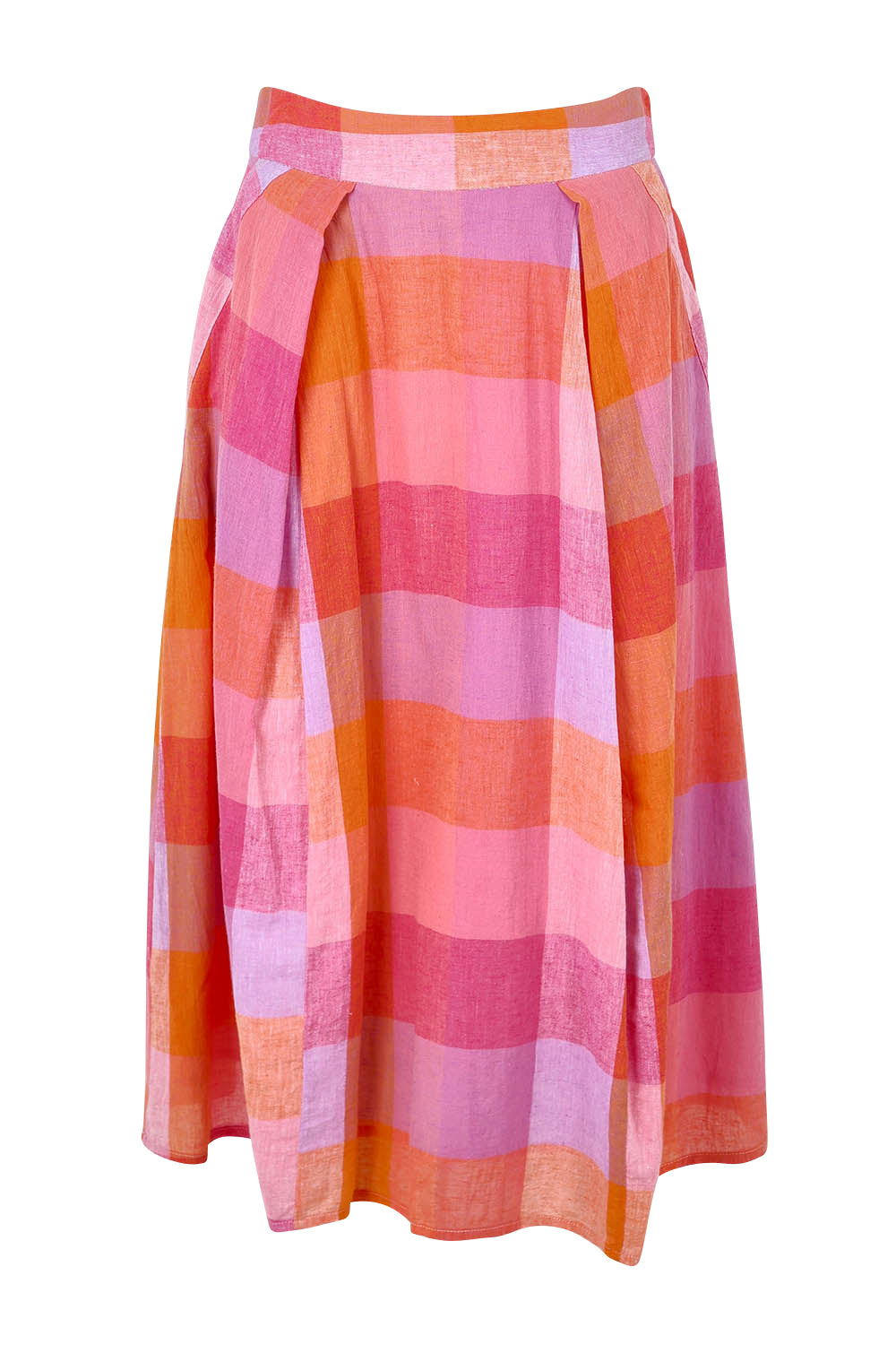 Product shot of the Yarn Dyed Cotton Pleat Front Skirt in colour Sherbet (Pink), from the front