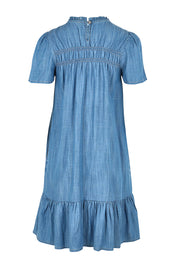 Product shot of the Frill Hem Dress in colour Blue (Blue), from the back