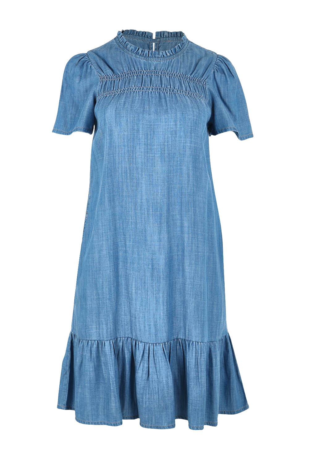Product shot of the Frill Hem Dress in colour Blue (Blue), from the front