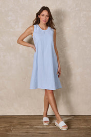 Model Madeline wearing size 10 of the Summer Stripe Cotton Tank Dress in colour Bluestripe (Blue), from the front, showing the whole outfit