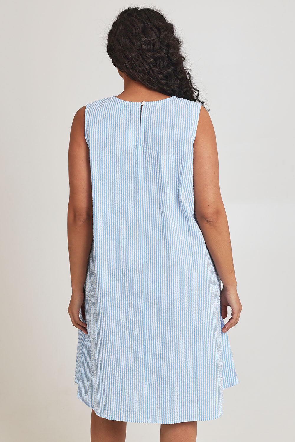 Model Terri-Leigh wearing size 14 of the Summer Stripe Cotton Tank Dress in colour Bluestripe (Blue), from the back