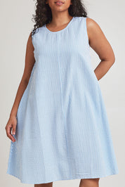 Model Terri-Leigh wearing size 14 of the Summer Stripe Cotton Tank Dress in colour Bluestripe (Blue), from the front, cropped image