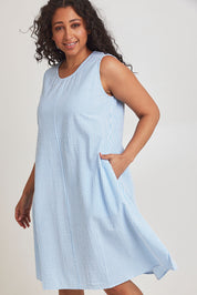 Model Terri-Leigh wearing size 14 of the Summer Stripe Cotton Tank Dress in colour Bluestripe (Blue), from the front, cropped image