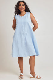 Model Terri-Leigh wearing size 14 of the Summer Stripe Cotton Tank Dress in colour Bluestripe (Blue), from the front, showing the whole outfit