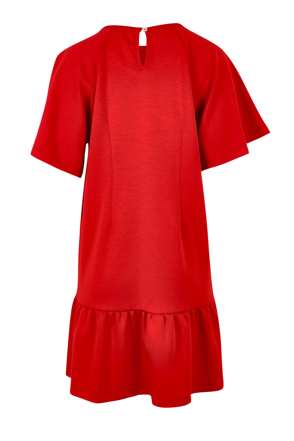Product shot of the Flutter Sleeve Frill Hem Dress in colour Tomato (Red), from the back