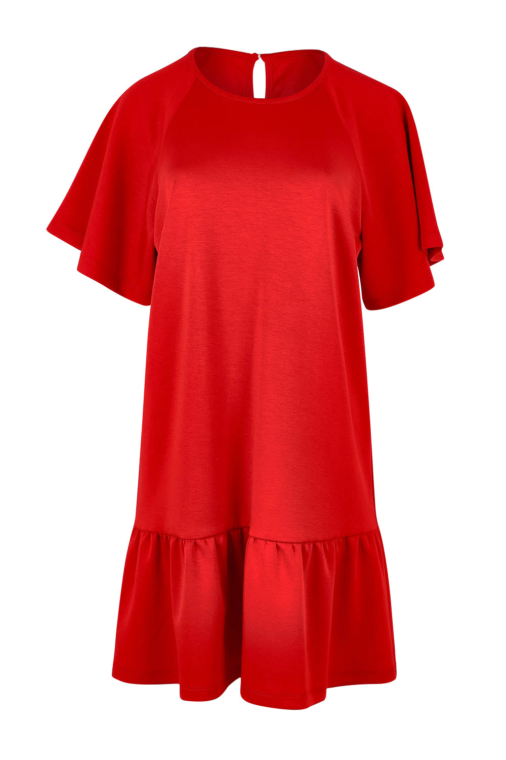 Product shot of the Flutter Sleeve Frill Hem Dress in colour Tomato (Red), from the front