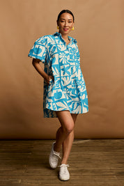 Model Katie wearing size 10 of the Cotton A Line Shirt Dress in colour Garden (Blue), from the front, showing the whole outfit