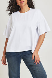 Model Terri-Leigh wearing size 14 of the Mercerised Cotton Printed Tee in colour Flower (White), from the front, cropped image