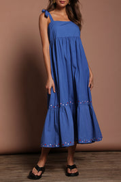 Model Madeline wearing size 10 of the Cotton Embroidered Midi Dress in colour Blue (Blue), from the front, cropped image