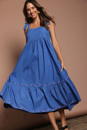 Model Madeline wearing size 10 of the Cotton Embroidered Midi Dress in colour Blue (Blue), from the front, showing the whole outfit