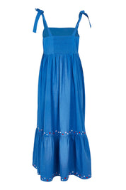 Product shot of the Cotton Embroidered Midi Dress in colour Blue (Blue), from the back