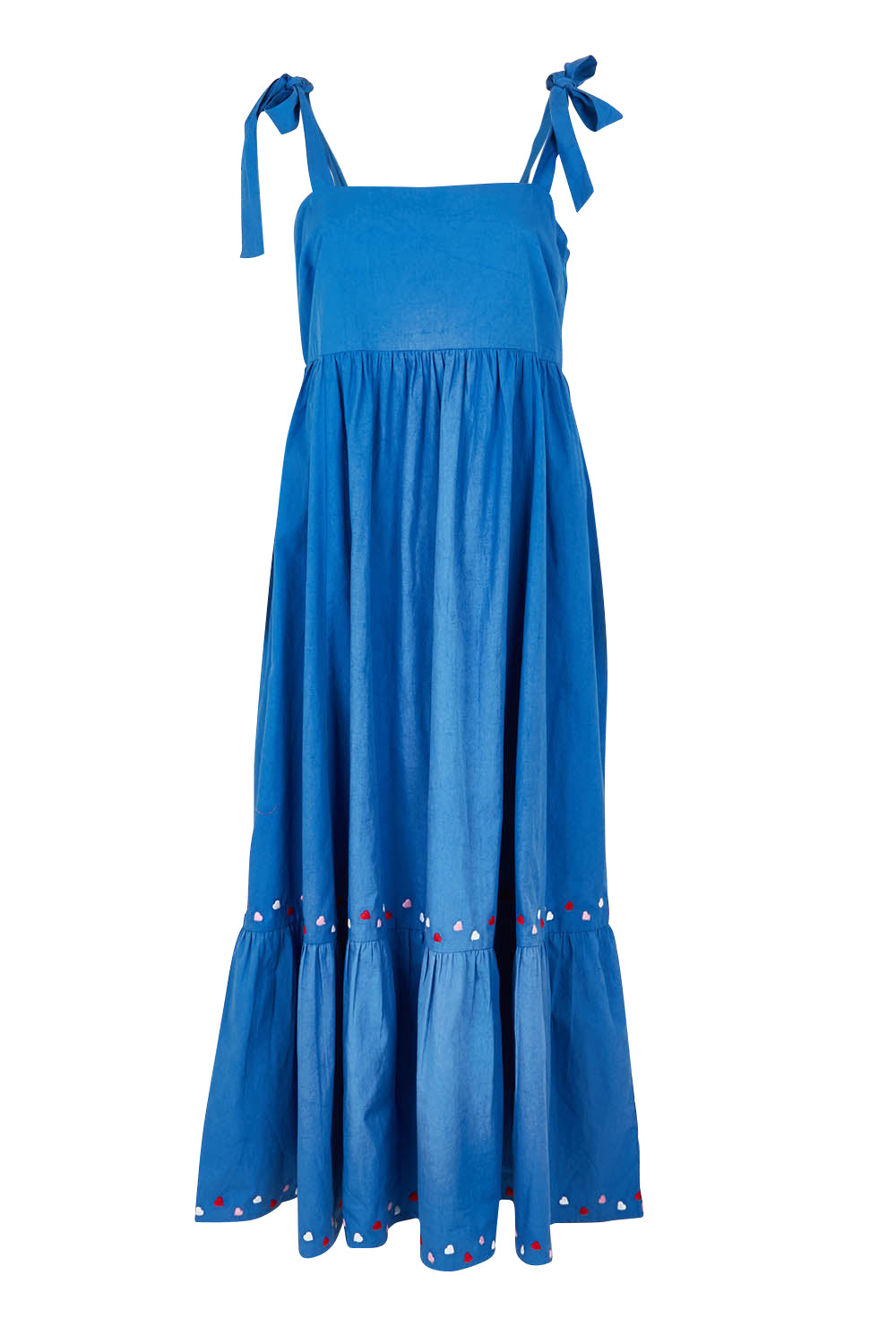Product shot of the Cotton Embroidered Midi Dress in colour Blue (Blue), from the front