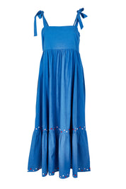 Product shot of the Cotton Embroidered Midi Dress in colour Blue (Blue), from the front