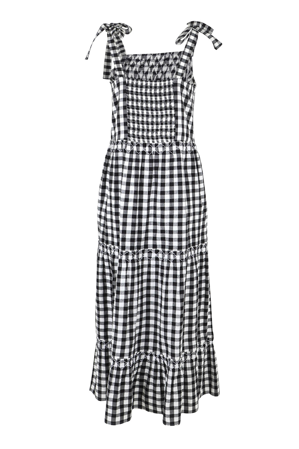 Product shot of the Smocked Tiered Cotton Dress in colour Gingham (Black), from the back