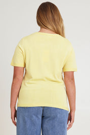 Model Chanel wearing size XL of the Short Sleeve Knit Top in colour Yellow, from the back