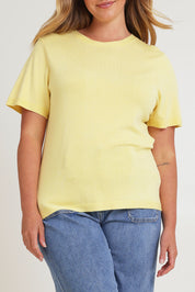 Model Chanel wearing size XL of the Short Sleeve Knit Top in colour Yellow, from the front, cropped image