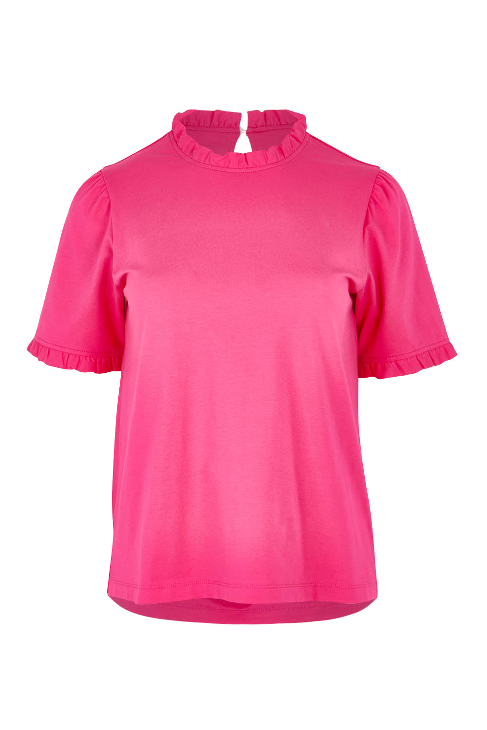 Product shot of the Mercerised Cotton Frill Top in colour Pinkrose (Pink), from the front
