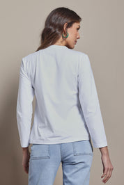 Model Madeline wearing size 10 of the Mercerized Cotton Love Long Sleeve Tee in colour Green (Green), from the back