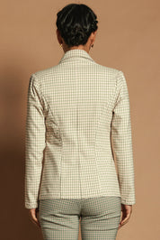 Model Katie wearing size 10 of the Classic Check Blazer in colour Pinkcheck (Pink), from the back