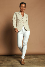 Model Katie wearing size 10 of the Classic Check Blazer in colour Pinkcheck (Pink), from the front, showing the whole outfit