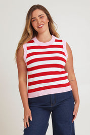 Model Chanel wearing size XL of the Cotton Blend Stripe Vest in colour Redwhite (Red), from the front, cropped image