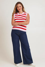 Model Chanel wearing size XL of the Cotton Blend Stripe Vest in colour Redwhite (Red), from the front, showing the whole outfit