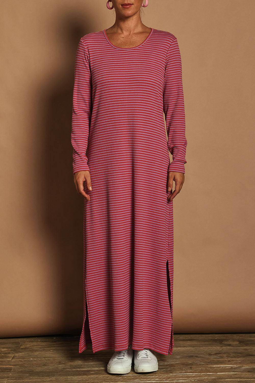 Model Katie wearing size 10 of the Cotton Long Sleeve Stripe Dress in colour Redlilac (Red), from the front, cropped image