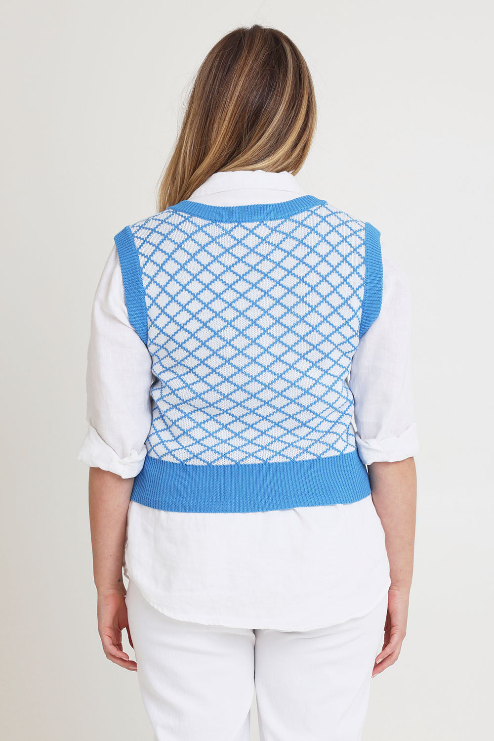 Model Chanel wearing size XL of the Cotton Blend V Neck Vest in colour Bluewhite (Blue), from the back