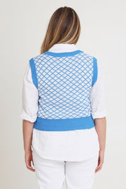 Model Chanel wearing size XL of the Cotton Blend V Neck Vest in colour Bluewhite (Blue), from the back