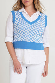 Model Chanel wearing size XL of the Cotton Blend V Neck Vest in colour Bluewhite (Blue), from the front, cropped image