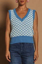 Model Katie wearing size S of the Cotton Blend V Neck Vest in colour Bluewhite (Blue), from the front, cropped image