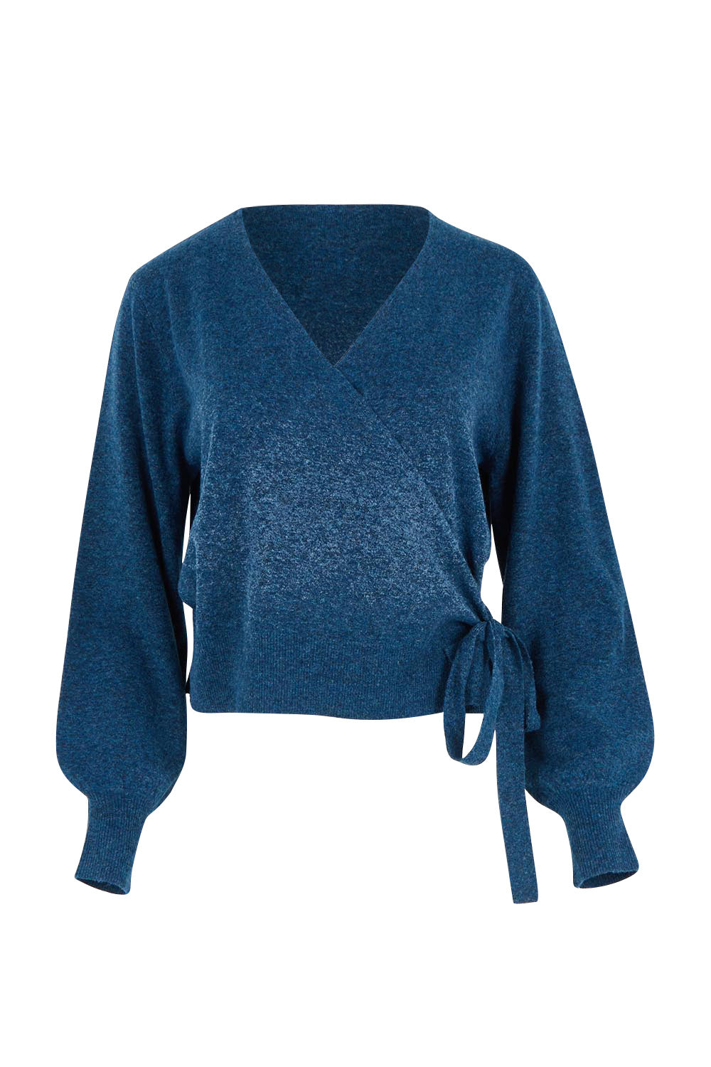Product shot of the Wrap Knit Sweater in colour Dustyblue (Blue), from the front
