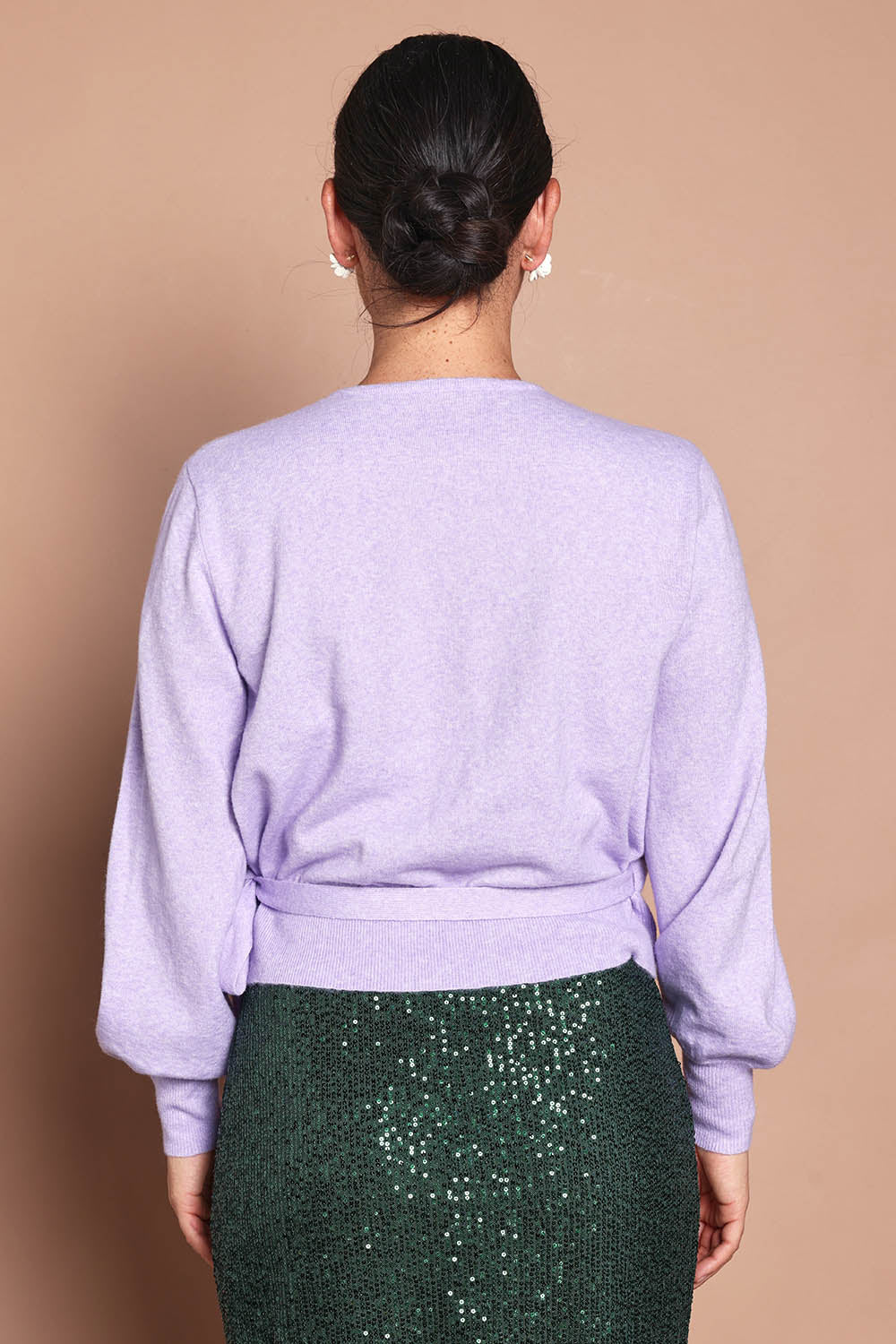 Model Katie wearing size S of the Wrap Knit Sweater in colour Lilac (Purple), from the back