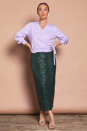 Model Katie wearing size S of the Wrap Knit Sweater in colour Lilac (Purple), from the front, showing the whole outfit