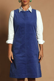 Model Katie wearing size 10 of the Corduroy Shift Dress in colour Bonnie (Blue), from the front, cropped image