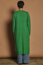 Model Katie wearing size S of the Long Textured Cardigan in colour Boldgreen (Green), from the back