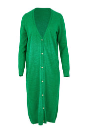 Product shot of the Long Textured Cardigan in colour Boldgreen (Green), from the front